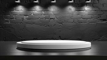A white round table in front of a brick wall photo