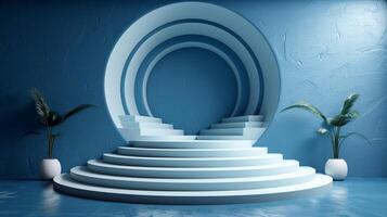 3d rendering of a white stage with a circular staircase photo