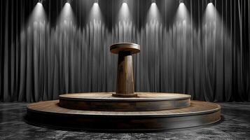 A podium in front of a stage with lights photo