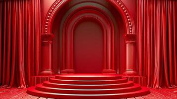 Red stage with red curtains and a red archway photo