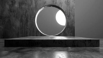A black and white photo of a mirror in a room