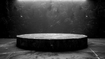 A black and white photo of a marble table