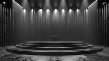 Black and white photo of a stage with lights