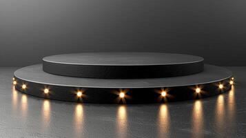 A black round podium with lights on it photo
