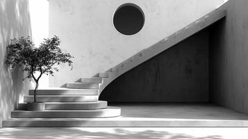 Black and white photo of a stairway with a tree in a pot