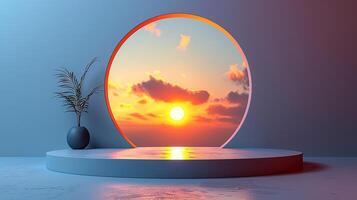 A circular window with a sunset view photo