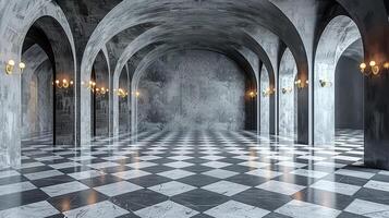 An empty room with a checkered floor and arches photo