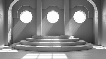 3d rendering of a room with three arched windows photo