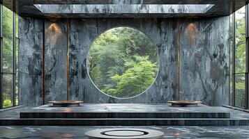 A bathroom with a large round window and a large sink photo