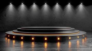 A stage with lights on it in front of a wall photo