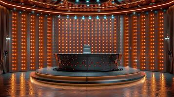 A large stage with a large round table in the middle photo
