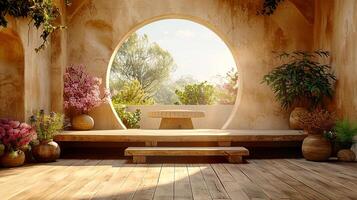 A room with a bench and a window with a view photo