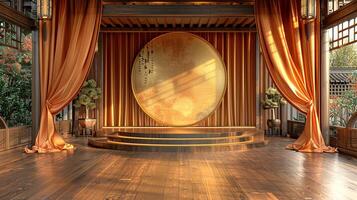 A large stage with a large golden circle in the middle photo