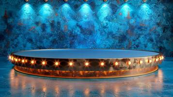 A round table with lights on it in front of a blue wall photo