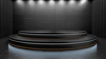 3d rendering of a black stage with lights photo