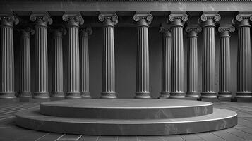A black and white photo of a stage with columns