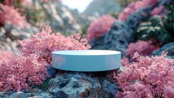 A white round table on top of a rock with pink flowers photo