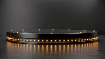 A black round table with yellow lights on it photo