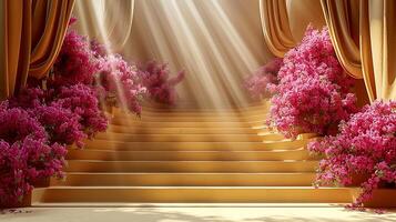 A staircase with flowers and curtains in front of it photo