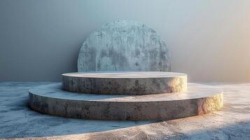 A concrete podium in front of a large wall photo