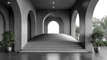 3d rendering of a staircase in a building with arches photo