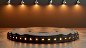 A stage with lights on it in front of a wall photo