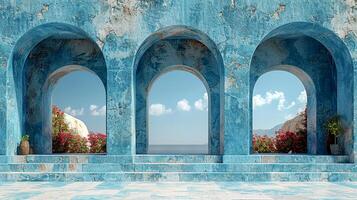 A blue building with arches and a view of the ocean photo