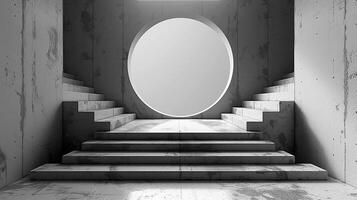 A large circular mirror in a room with stairs photo