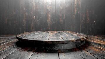 An empty wooden floor with a round table in the middle photo