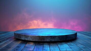 An empty round table on a wooden floor with a blue and purple background photo