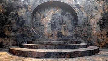 A large circular stage with steps in front of a wall photo