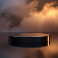 A black round table with a reflection of clouds in the background photo