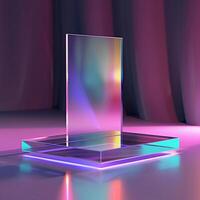 A glass display stand with a colorful light photo
