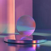 A glass sphere on a table in front of a colorful wall photo