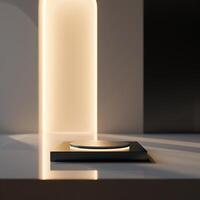 A black square object on a table in front of a window photo
