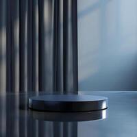 An empty podium on a table in front of a window photo