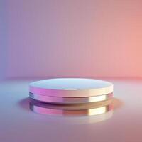 A white circular object on a table with a blue and pink background photo