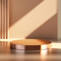 A round table in front of a wall with sunlight photo