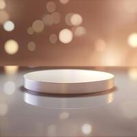 An empty white plate on a table with a bokeh effect photo