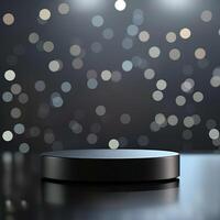 An empty black podium on a table in front of a dark background photo