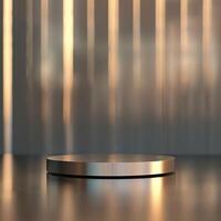 A silver object on a table in front of a blurred background photo