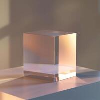A glass cube sitting on a table in front of a window photo