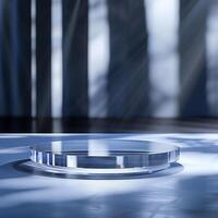 A glass table with a light shining on it photo