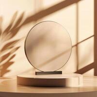 A round mirror on a table in front of a window photo