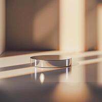 A silver object sitting on a table in front of a window photo
