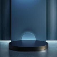 An empty room with a black podium and a light photo