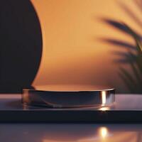 A round object on a table with a plant in the background photo