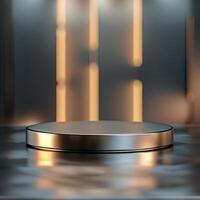 An empty podium on a table with lights in the background photo