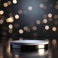 An empty pedestal on a table with lights in the background photo