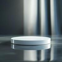 A white round object on a table with a curtain in the background photo